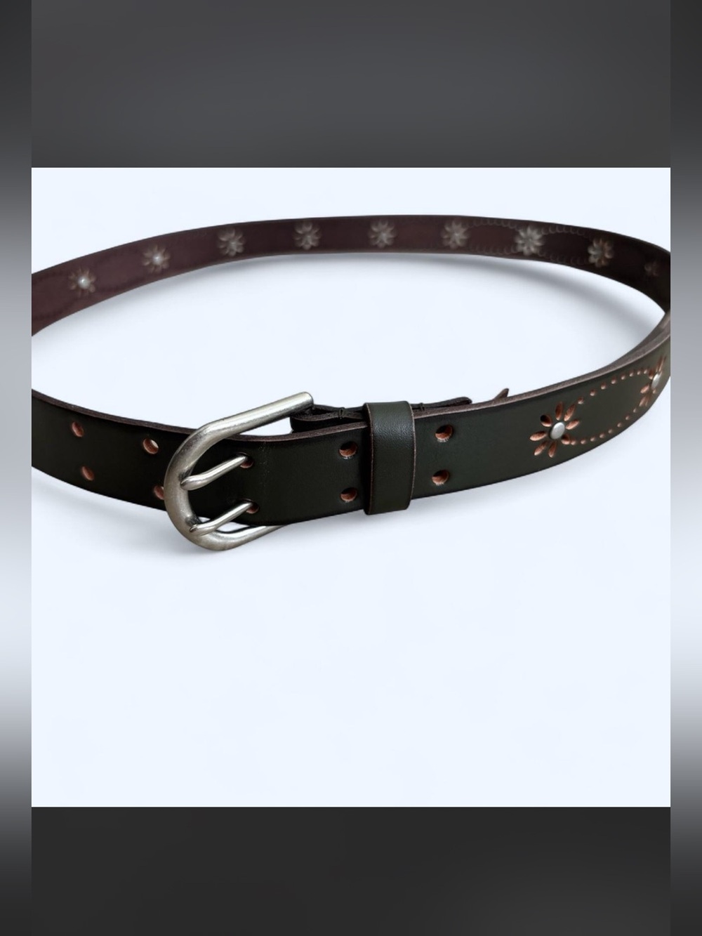 Lucky Brand Brown Floral Cutout Leather Belt with Stud Accents